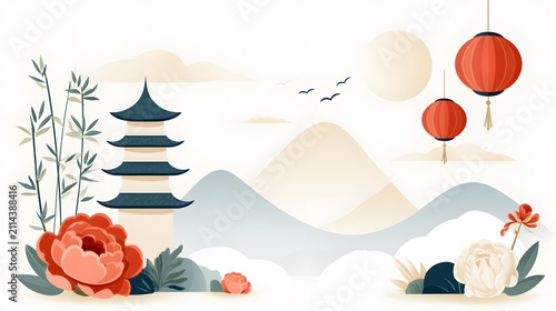 premium flat vector illustration of China National Day featuring pagodas, bamboo, peony flowers, lanterns, mountains and elegant decorative elements, clean editorial vector style