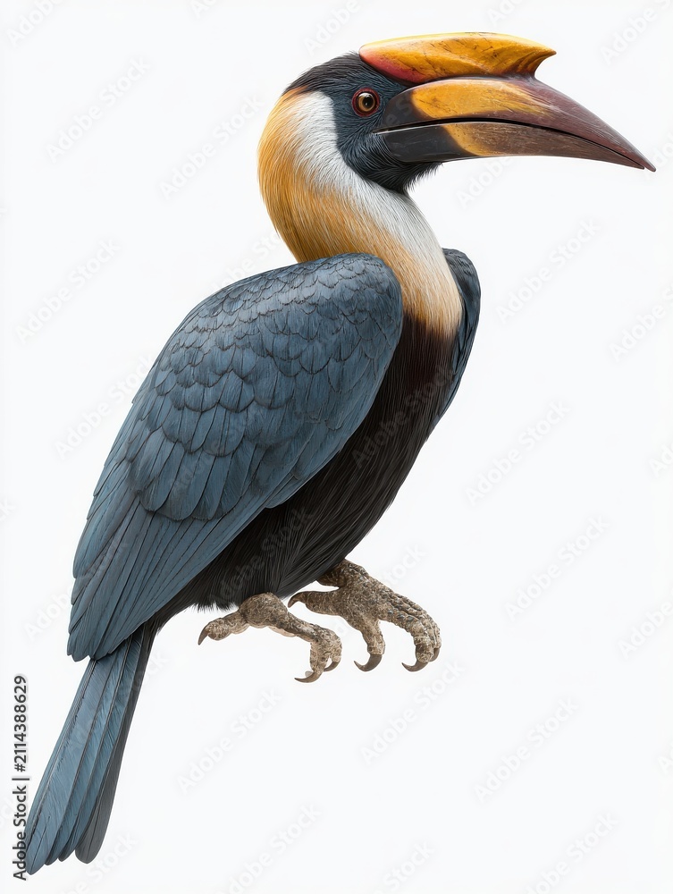 Obraz premium Detailed Portrait Of A Wreathed Hornbill With Large Yellow Beak Against A Plain White Background
