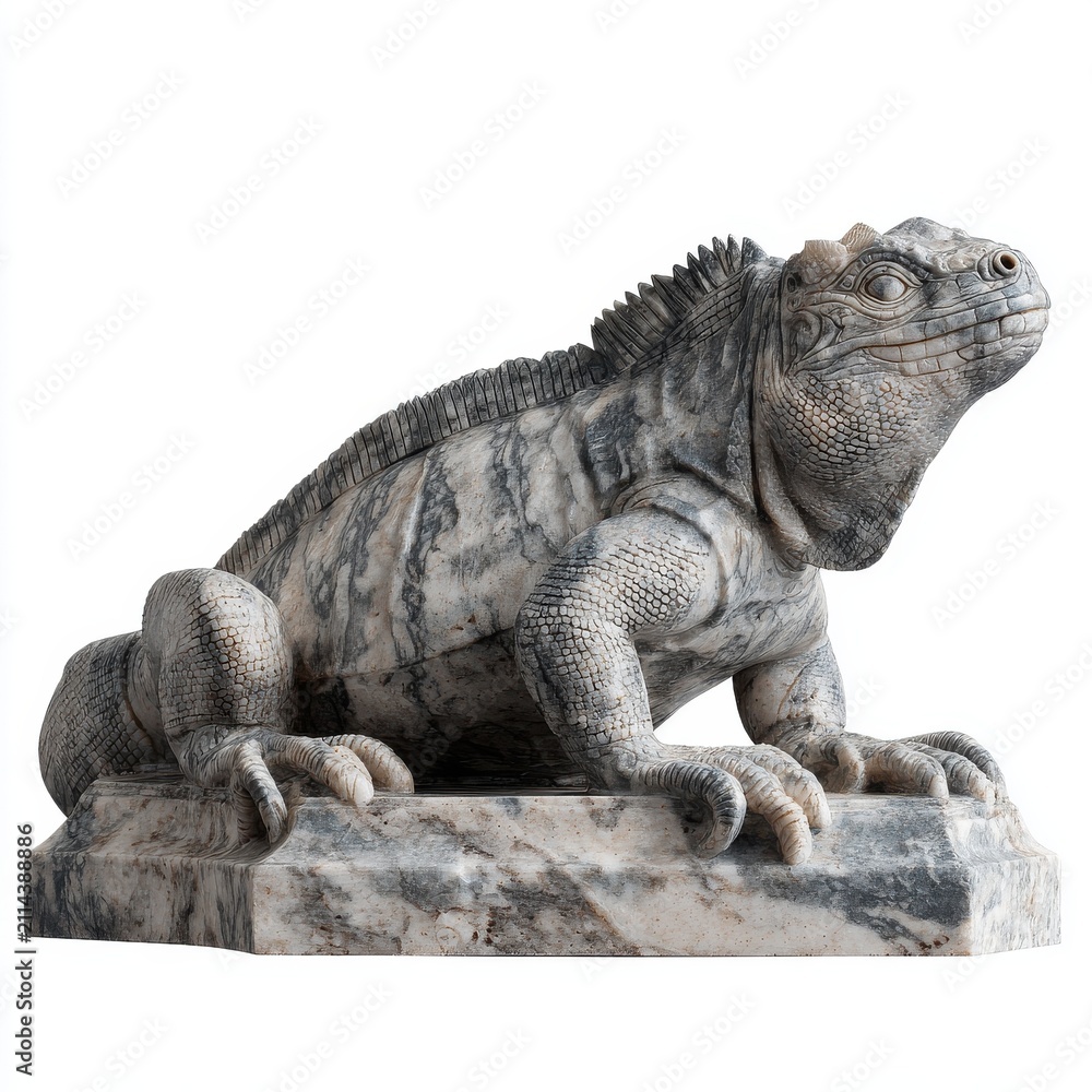 Fototapeta premium Detailed Stone Iguana Statue Perched On A Realistic Rock Isolated Against A Clean White Background