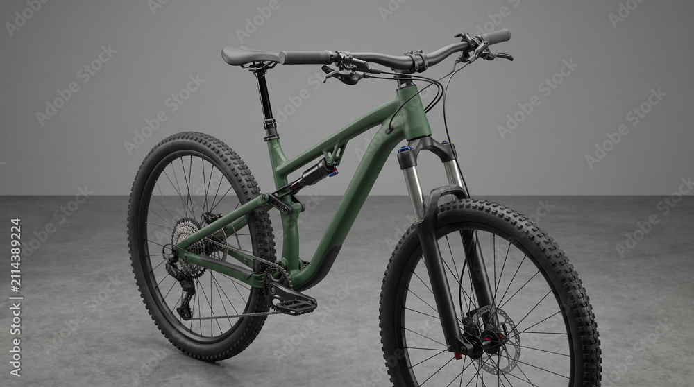 Fototapeta premium Three quarter front view of a matte olive green full suspension mountain bike mockup