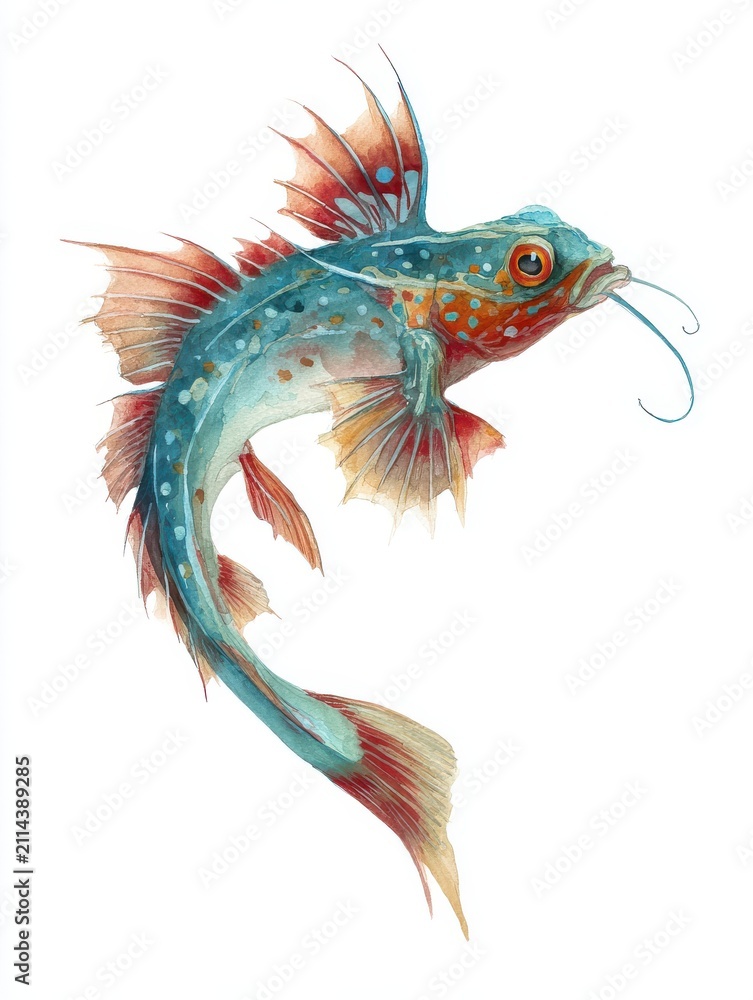 Fototapeta premium Detailed Watercolor Painting Of A Vibrant Tropical Fish With Blue Scales And Red Fin Details On White
