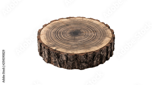 Rustic wood slice with bark isolated on white, natural timber cross section with growth rings, round wooden pedestal for product display