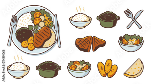 Variety of food on plates dishes.