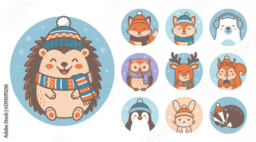 Cartoon hedgehog in winter clothes smiling.