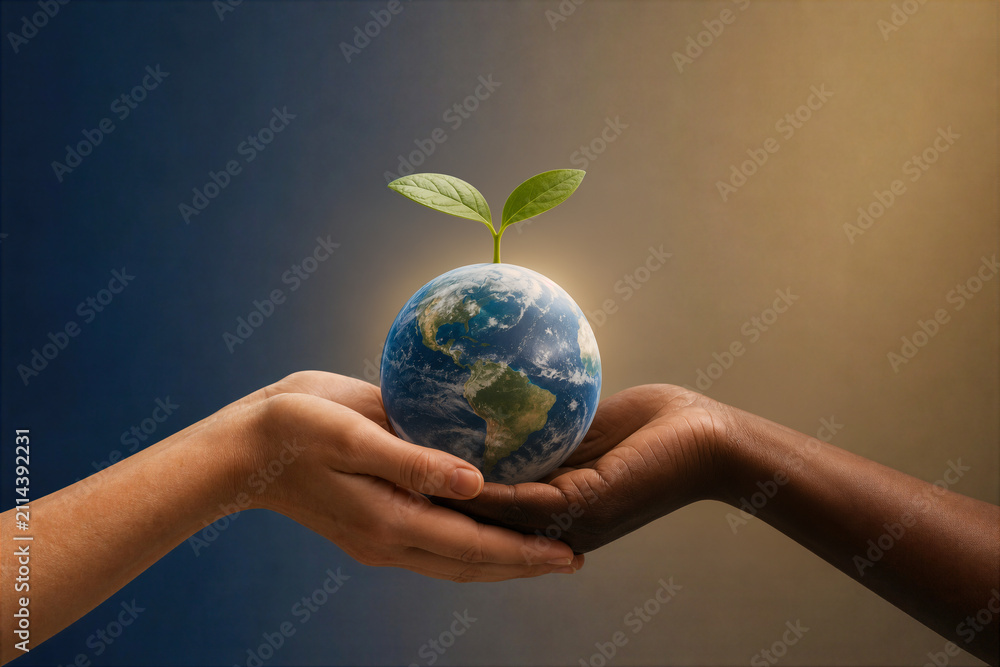 Obraz premium COP31 climate conference global cooperation hands cupping glowing Earth with green leaf sprout symbolic sustainability partnership Australia Turkiye international summit editorial cover