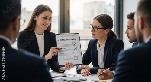 Business professionals in a collaborative meeting reviewing AI implementation document with checklist and progress markers.