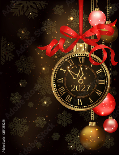 2027 New Year banner with golden clock and xmas balls, vector illustration.