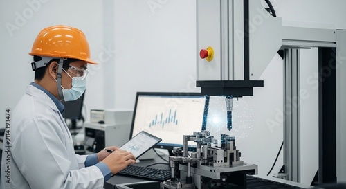 Engineer utilizing advanced robotics and computer systems for quality inspection and data analysis in a modern manufacturing facility.