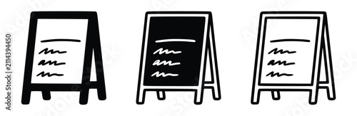 Sidewalk A-Frame Sign Board Icon Set, Sandwich Board Display Stand, Advertising Signage, Street Promotion Billboard, Flat Glyph and Outline Business Symbol Isolated on White Background Vector