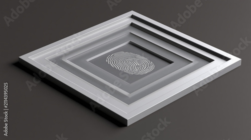 Fingerprint identity protection concept on dark background with layered frame and security symbol