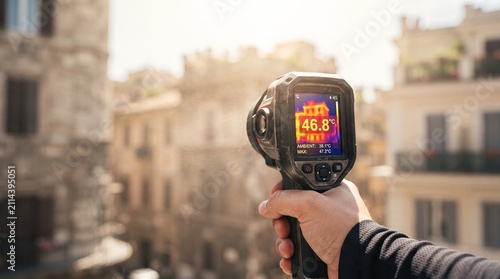 Hand Holding Thermal Camera Measuring Extreme City Building Heatwave Temperature