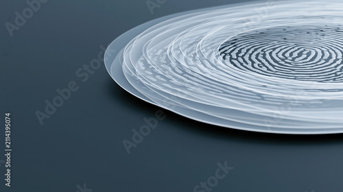 Fingerprint security concept on dark background with layered translucent circle, digital identity protection