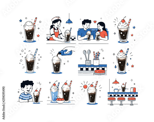 Ice Cream Soda Float. Ice cream soda, soda float, vanilla scoop, fizzy drink, summer dessert, cold glass, whipped cream, cherry topping, retro diner and refreshing classic beverage. 12 minimalist