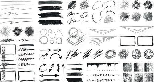 Fotografie Black ink sketch doodle element vector set with crosshatch shading textures unde