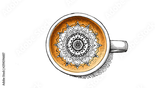 Illustration of complex-style latte art on coffee.