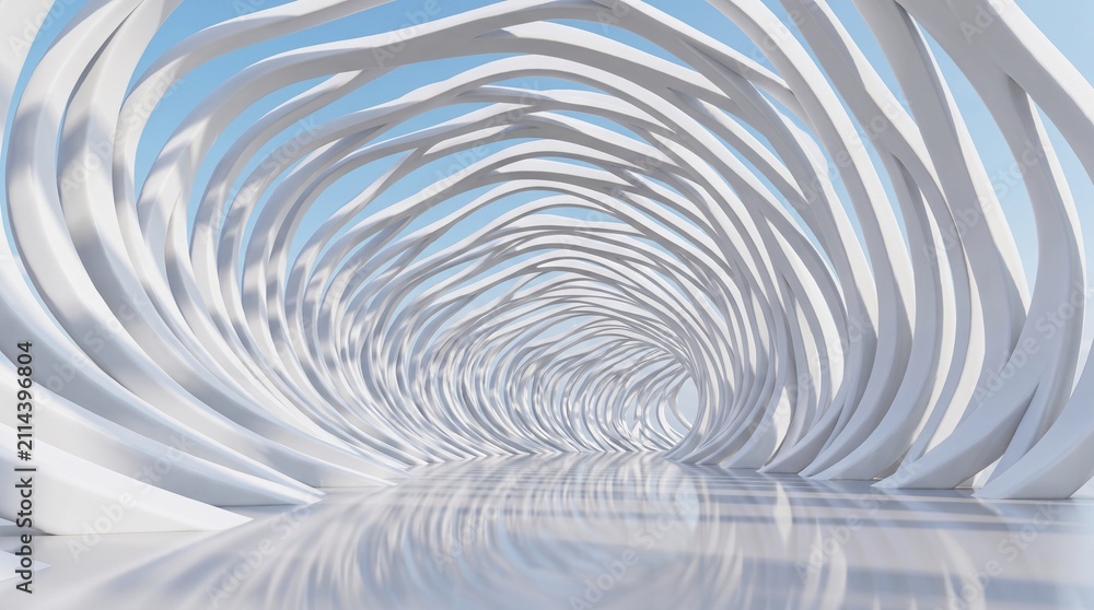 Obraz premium Ultra realistic futuristic parametric architectural tunnel made of flowing white curved ribs, endless perspective, soft daylight, minimal aesthetic, clean reflective floor, smooth organic geometry