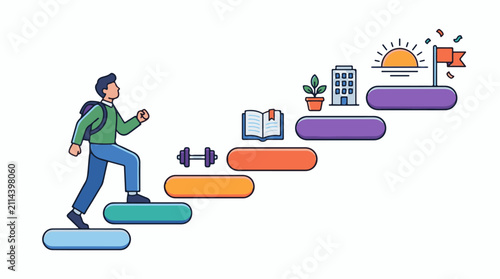 Person climbing stairs toward success with symbols of education and career