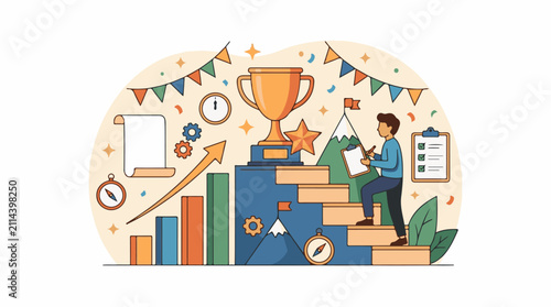 Person climbing stairs towards trophy celebrating success and goal achievement