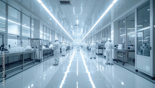 Cleanroom Facility with Scientists in Protective Suits Working.