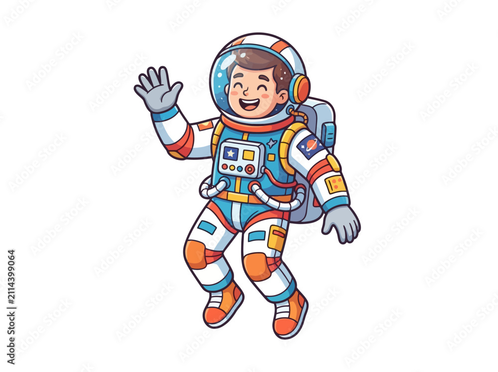 Obraz premium Smiling astronaut boy waving hello in a colorful spacesuit.