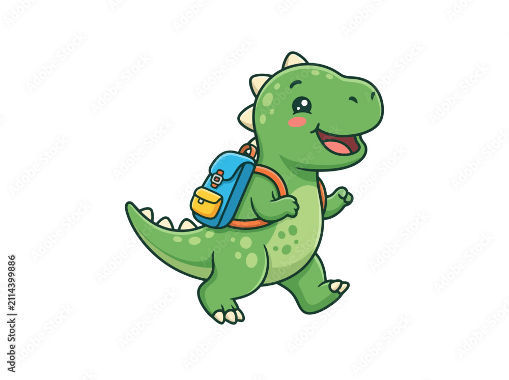 Fototapeta premium cute cartoon green dinosaur wearing school backpack walking happily.