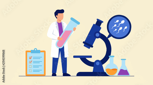 Scientist conducting male fertility research with microscope and sperm cells