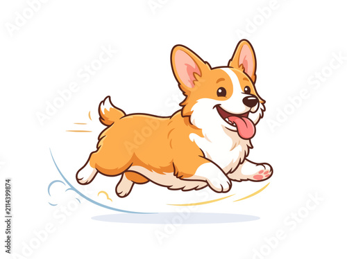Adorable cartoon Welsh Corgi dog running happily with its tongue out.