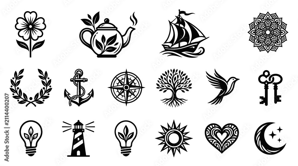 Fototapeta premium Black and white nature and nautical icon set on white background