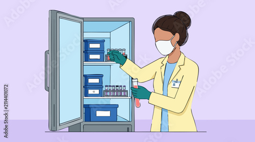 Scientist in lab coat and mask retrieves sample from laboratory refrigerator