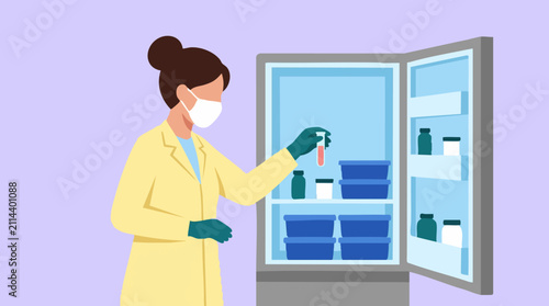 Female scientist in lab coat and mask taking test tube from refrigerator
