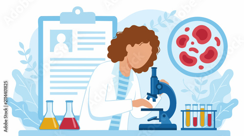 Medical laboratory research with female scientist, microscope, and blood cells