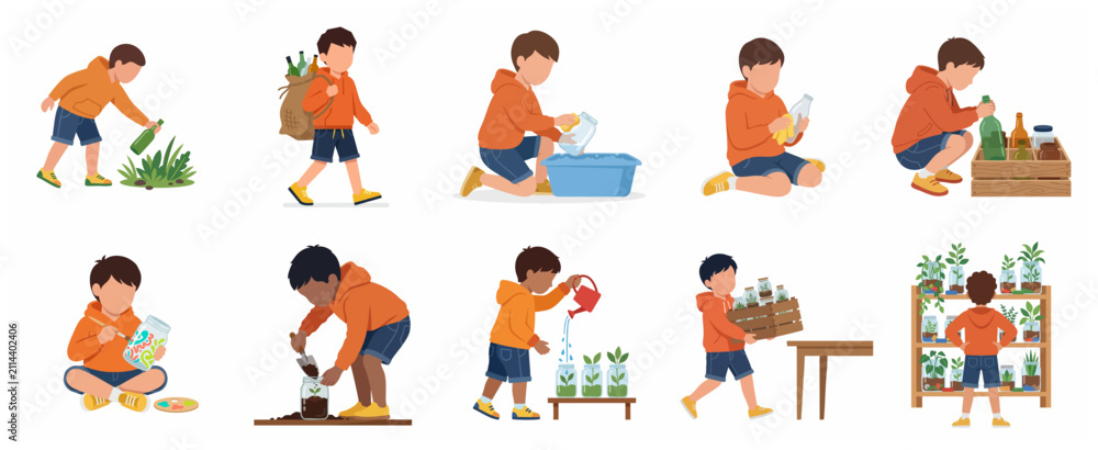 Fototapeta premium Boy recycling and upcycling glass bottles and jars for gardening and creative projects illustration set