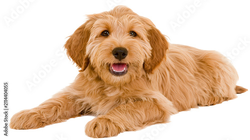 Golden doodle dog lying down with mouth open