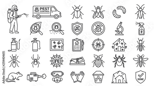 Professional pest control and exterminator services outline icon set.