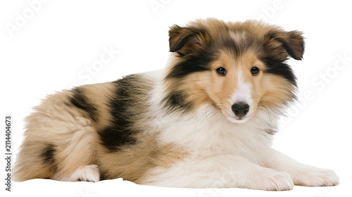 Foto Shetland Sheepdog puppy lying down, sable and white coat