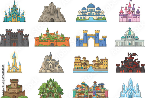 Diverse collection of fantasy castles fortresses and historical architectural icons isolated on white background for games and storytelling