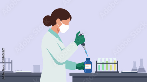 Female scientist pipetting liquid sample in a laboratory research illustration