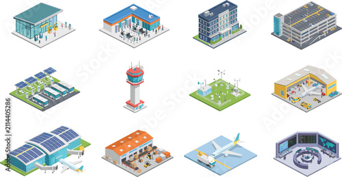 Isometric Airport Infrastructure Set Featuring Terminal Hangar Control Tower Logistics and Transportation Hub Vector Icons