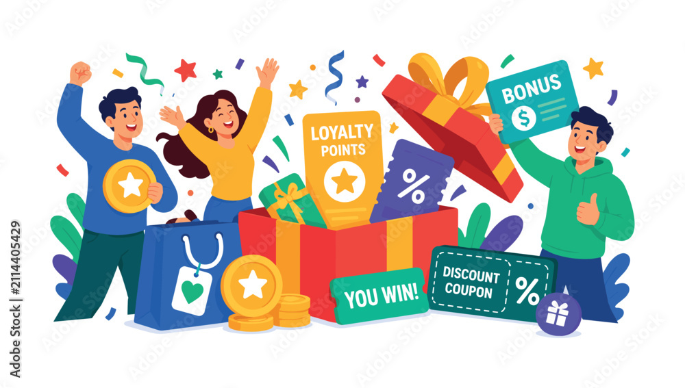 Fototapeta premium Loyalty Prize Rewards bright flat character banner, 3 expressive stylized human characters celebrating an oversized open gift box with ribbon, shopping bag, bonus money, coupon and loyalty points,