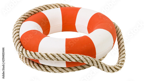 Fotografía Orange and white striped life preserver ring with rope