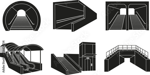 Black silhouette illustration showcasing diverse stairway and pedestrian structure designs including tunnels, escalators, elevators, and bridges used in modern architectural access solutions