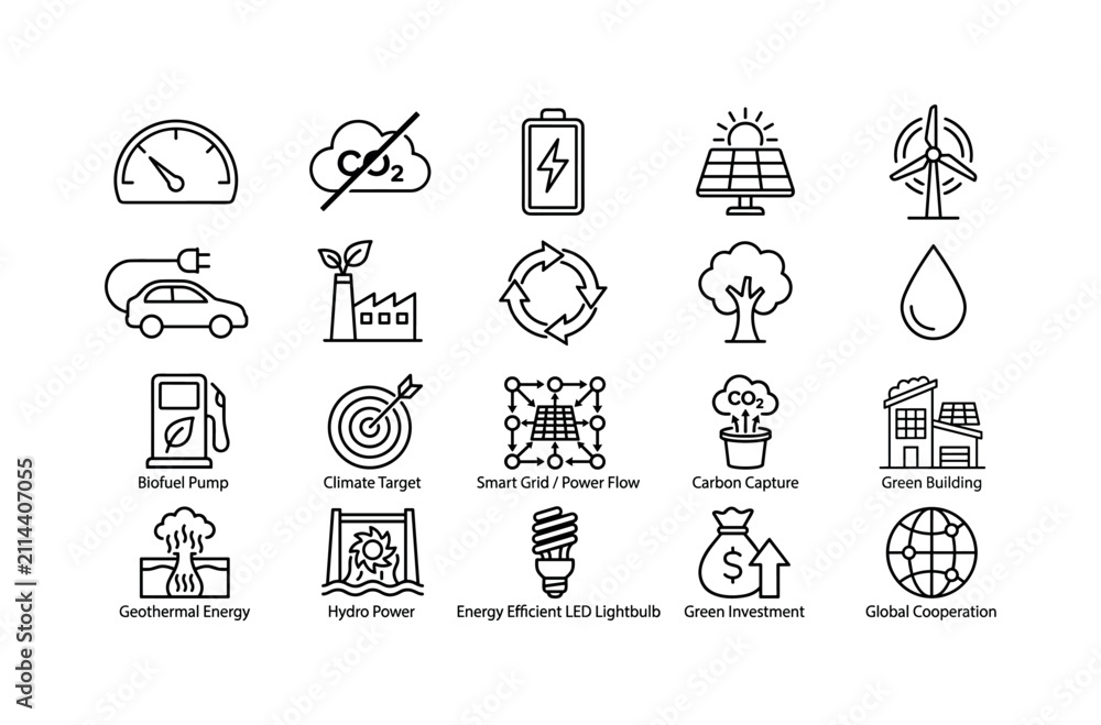 Fototapeta premium Collection of icons representing green energy and environmental concepts