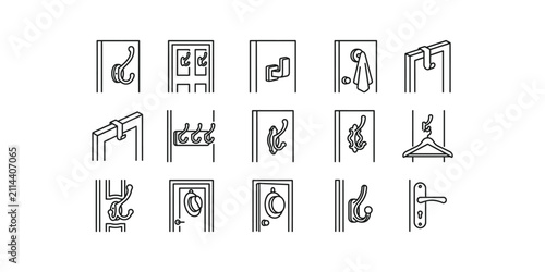 Set of various hand drawn door hooks and hangers icons.