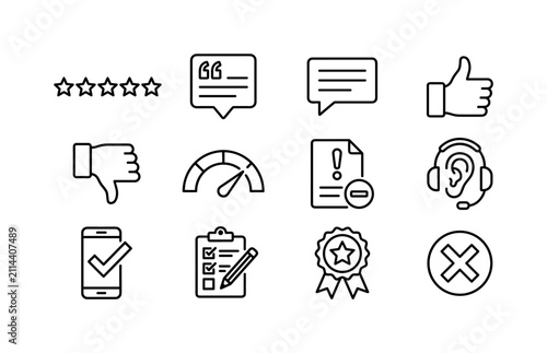 Collection of icons representing customer feedback, ratings, and service quality