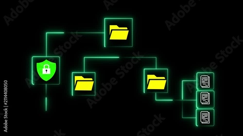 Secure digital file management system with structured folder hierarchy and document access control, showing business professional working organize, protect, and manage enterprise data black background