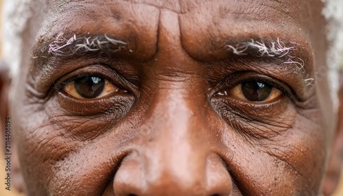 Close up of an elderly African mans expressive eyes and weathered face.