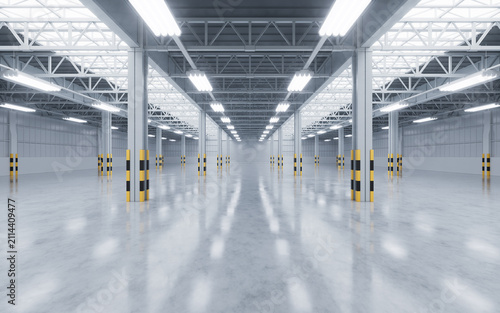 Empty industrial factory, interior of warehouse, 3d rendering.