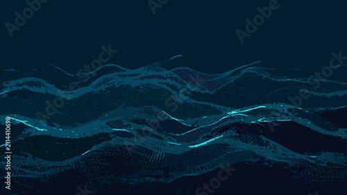 Foto Dark blue undulating wave pattern with textured layers and particle like details