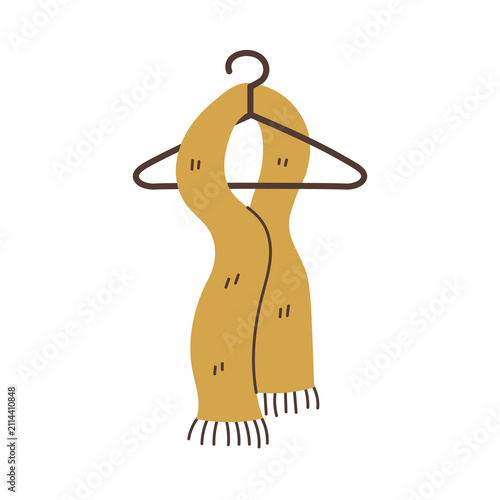 Scarf Hanging on Hanger Vector Illustration. Hand drawn long woven knitted neckwear. For autumn fall winter fashion, cozy accessory branding, and seasonal wardrobe themes.