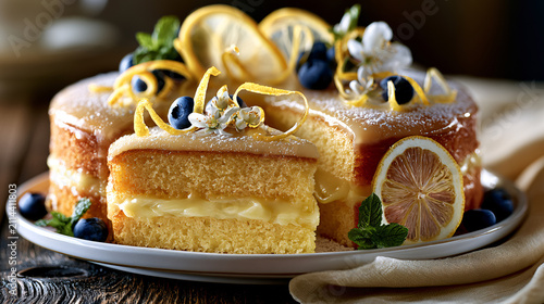 Elegant Italian lemon cream layer cake topped with fresh blueberries, lemon slices and delicate citrus zest on a rustic wooden table